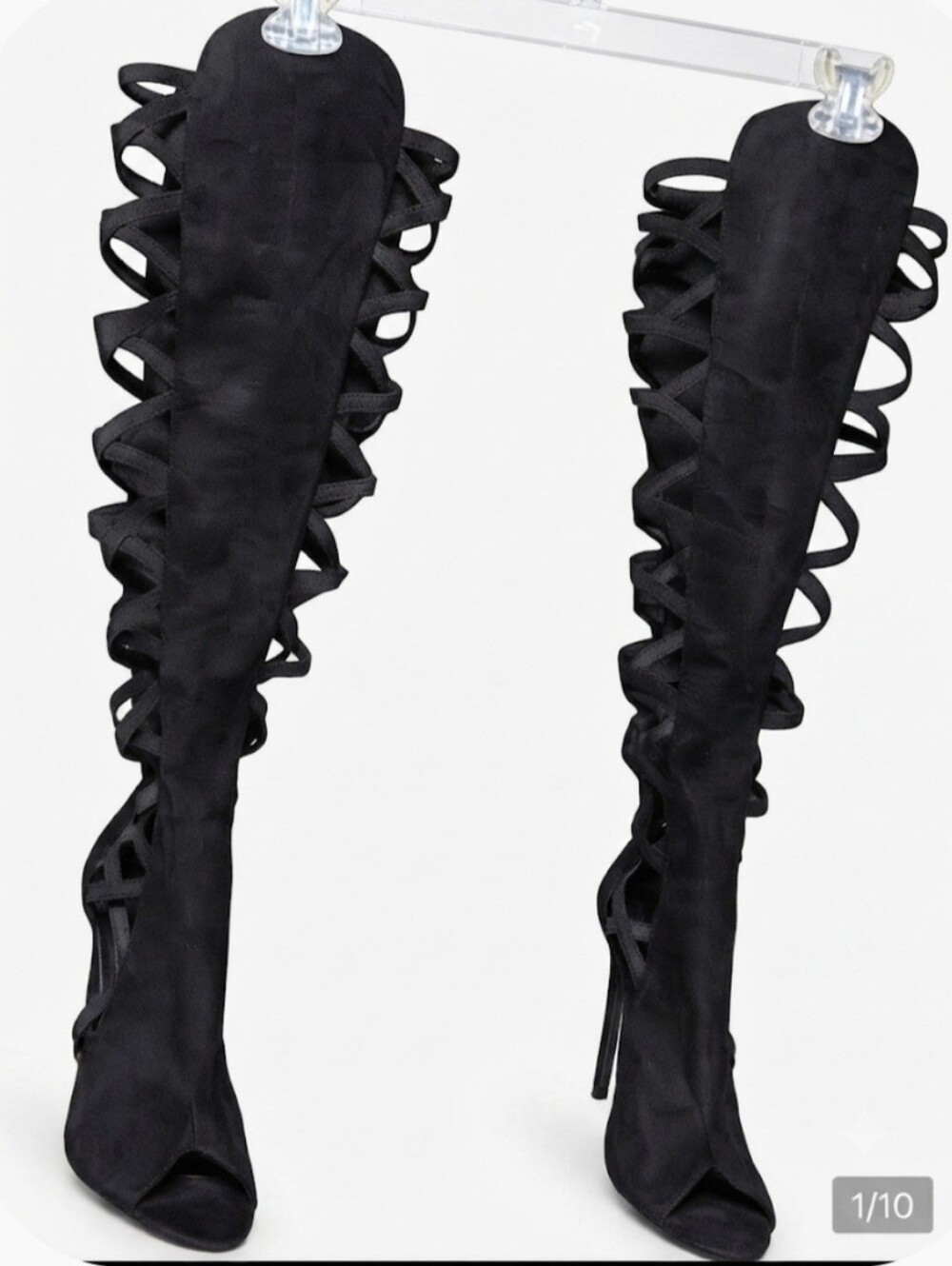 Black Over-the-Knee Lace-Up Peep-Toe Boots